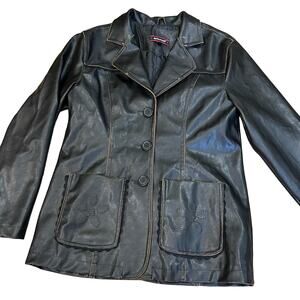 Y2K 90s Faux Leather Brown Pleather Jacket Boho Hippie Flower Lace Distressed